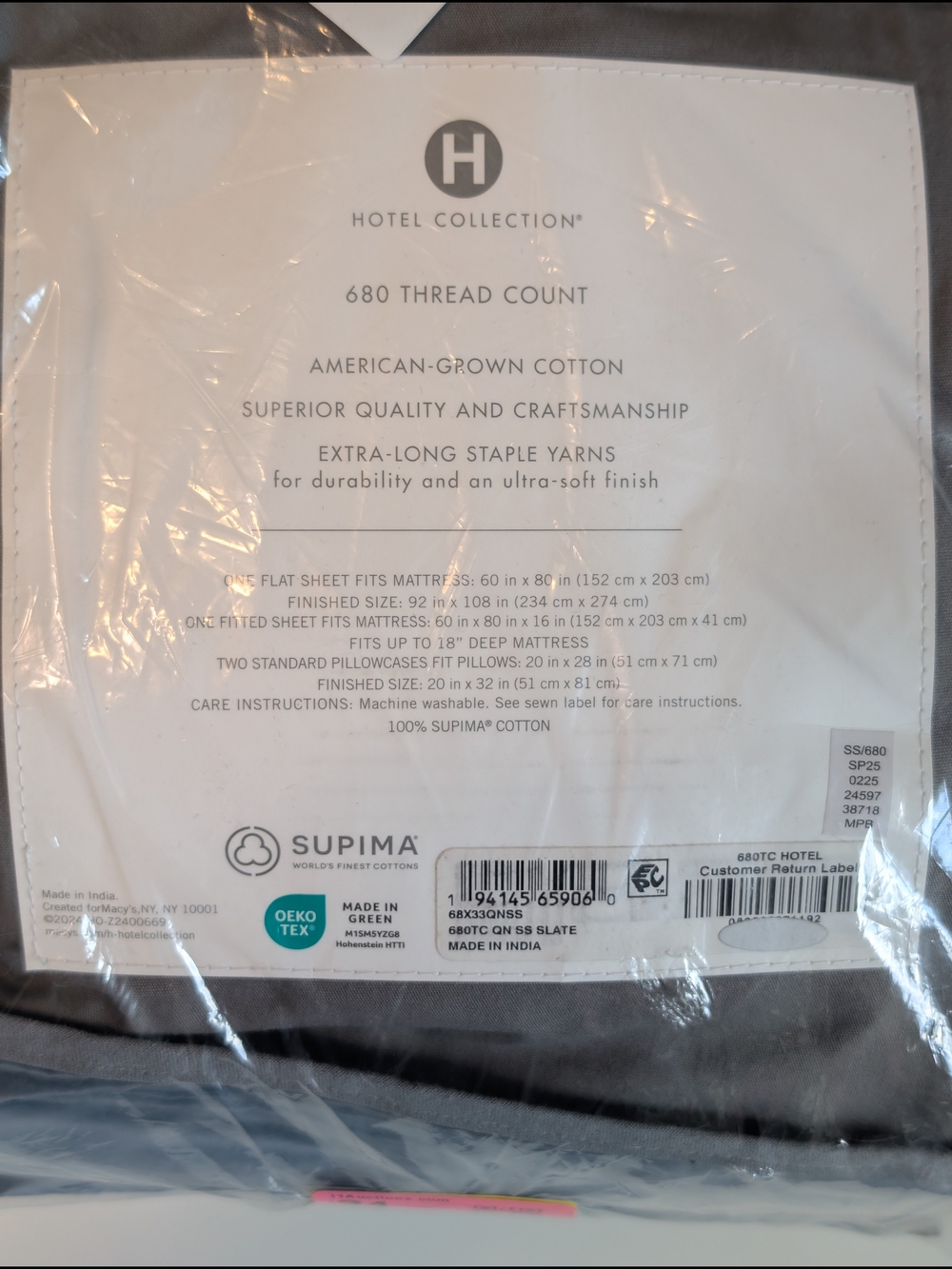 Hotel Collection Queen Sheet Set 680 TC Supima Cotton Slate Gray Open Box